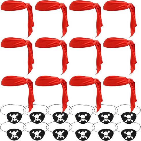 Hoypeyfiy 24-piece Halloween Pirate Party Supplies Set, including 12 Red Pirate Headbands and 12 Black Felt Eye Patches, Suitable for Themed Party and Role-Playing in Kuwait