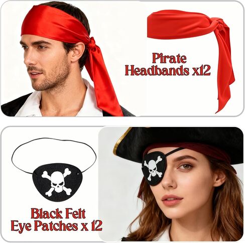 Hoypeyfiy 24-piece Halloween Pirate Party Supplies Set, including 12 Red Pirate Headbands and 12 Black Felt Eye Patches, Suitable for Themed Party and Role-Playing in Kuwait