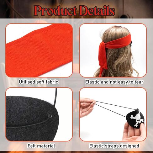 Hoypeyfiy 24-piece Halloween Pirate Party Supplies Set, including 12 Red Pirate Headbands and 12 Black Felt Eye Patches, Suitable for Themed Party and Role-Playing in Kuwait