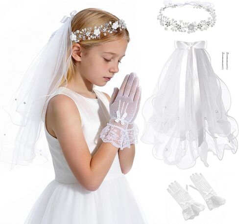 3 Pcs First Communion Veil Set Gloves Headpiece 1st Holy Communion Accessories White Lace Veil Flower Crown for Wedding Party Costume in Saudi Arabia