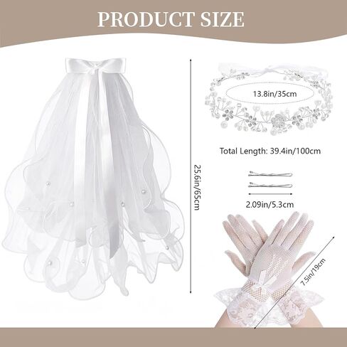 3 Pcs First Communion Veil Set Gloves Headpiece 1st Holy Communion Accessories White Lace Veil Flower Crown for Wedding Party Costume in Saudi Arabia