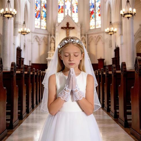 3 Pcs First Communion Veil Set Gloves Headpiece 1st Holy Communion Accessories White Lace Veil Flower Crown for Wedding Party Costume in Saudi Arabia