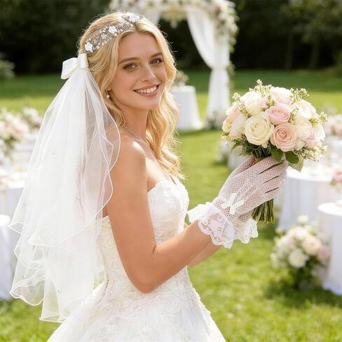 3 Pcs First Communion Veil Set Gloves Headpiece 1st Holy Communion Accessories White Lace Veil Flower Crown for Wedding Party Costume in Saudi Arabia