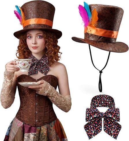 Wonderland Tea Party Top Hat with Feather Satin Ribbon and Printed Bow Tie Scarf Accessories for Woman Hat Cosplay Costume Outfit in Kuwait