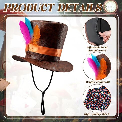 Wonderland Tea Party Top Hat with Feather Satin Ribbon and Printed Bow Tie Scarf Accessories for Woman Hat Cosplay Costume Outfit in Kuwait