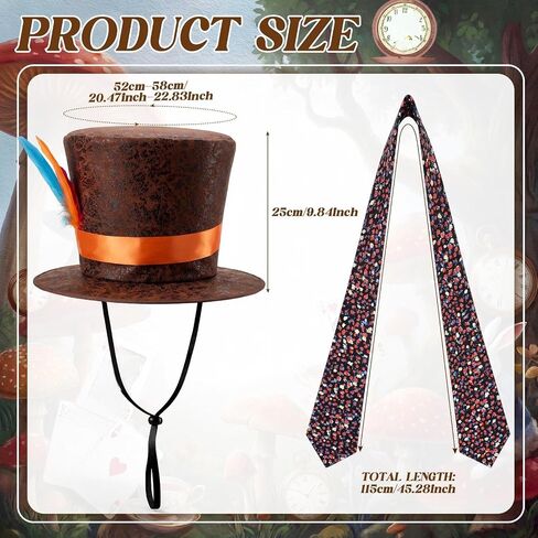 Wonderland Tea Party Top Hat with Feather Satin Ribbon and Printed Bow Tie Scarf Accessories for Woman Hat Cosplay Costume Outfit in Kuwait