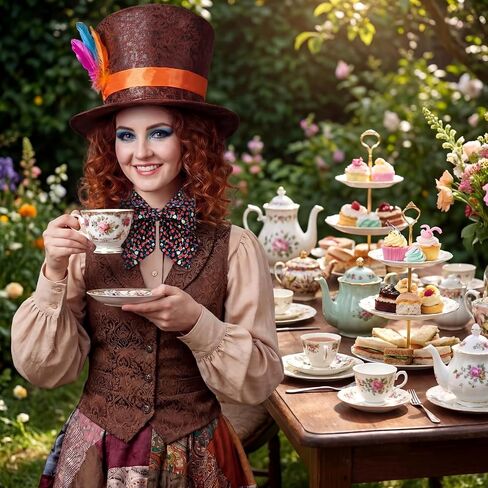 Wonderland Tea Party Top Hat with Feather Satin Ribbon and Printed Bow Tie Scarf Accessories for Woman Hat Cosplay Costume Outfit in Kuwait