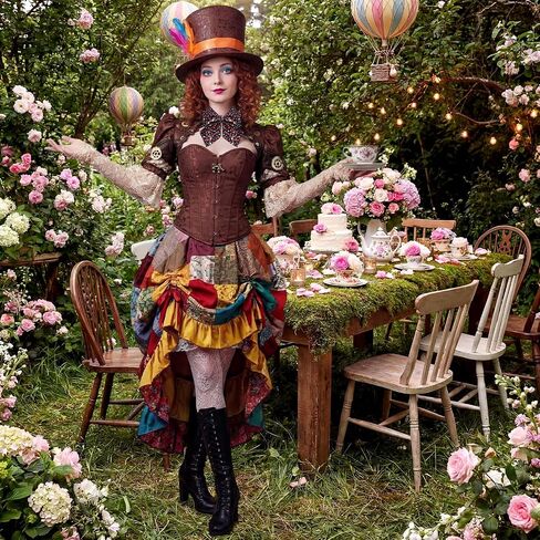 Wonderland Tea Party Top Hat with Feather Satin Ribbon and Printed Bow Tie Scarf Accessories for Woman Hat Cosplay Costume Outfit in Kuwait