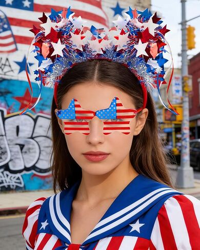 عصابة رأس Hikkcos الرابع من يوليو، عصابة رأس وطنية باللون الأحمر والأبيض والأزرق مع نجوم وخطوط للنساء، موكب عيد الاستقلال 250 عامًا، عرض الألعاب النارية، زي مشجعي كرة القدم الأمريكية in Kuwait