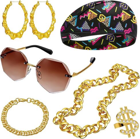 JATEBI 90s Outfits Accessories for Women Men, 80s Hip Hop Costume Kit Old School Rapper Outfits Headband Sunglasses Ring Gold Chain Bracelet Bamboo Hoop Earring in Kuwait