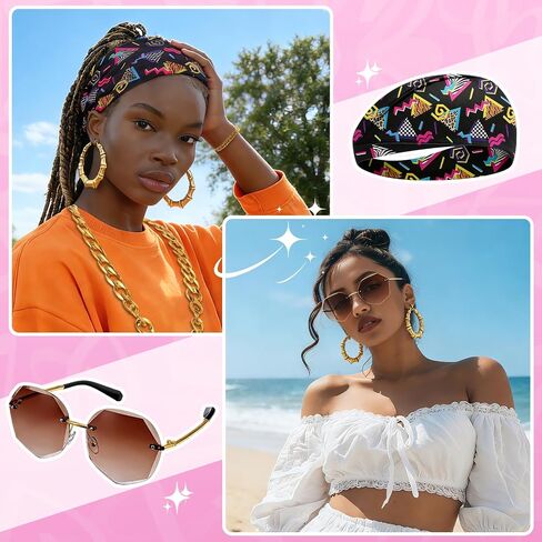 JATEBI 90s Outfits Accessories for Women Men, 80s Hip Hop Costume Kit Old School Rapper Outfits Headband Sunglasses Ring Gold Chain Bracelet Bamboo Hoop Earring in Kuwait