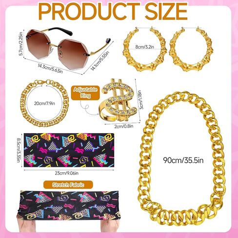 JATEBI 90s Outfits Accessories for Women Men, 80s Hip Hop Costume Kit Old School Rapper Outfits Headband Sunglasses Ring Gold Chain Bracelet Bamboo Hoop Earring in Kuwait