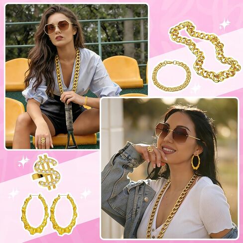 JATEBI 90s Outfits Accessories for Women Men, 80s Hip Hop Costume Kit Old School Rapper Outfits Headband Sunglasses Ring Gold Chain Bracelet Bamboo Hoop Earring in Kuwait