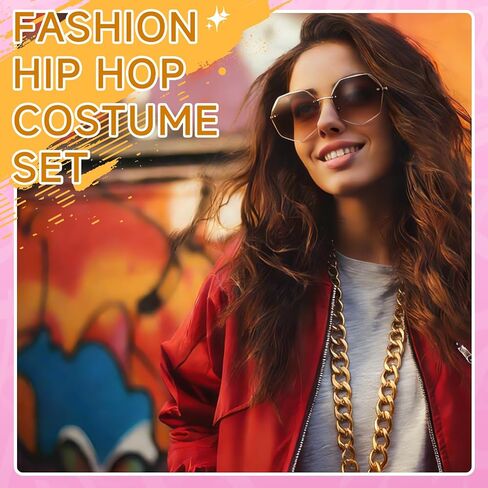 JATEBI 90s Outfits Accessories for Women Men, 80s Hip Hop Costume Kit Old School Rapper Outfits Headband Sunglasses Ring Gold Chain Bracelet Bamboo Hoop Earring in Kuwait