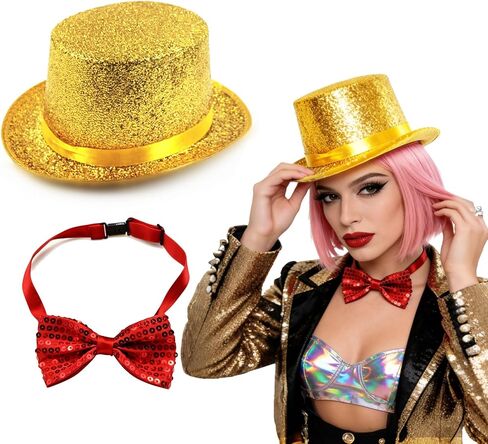 Retro Stage Shiny Top Hat & Bow Tie Costume Set Suitable for Horror Show Themed Parties Halloween in Saudi Arabia