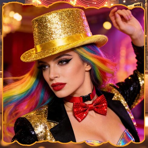 Retro Stage Shiny Top Hat & Bow Tie Costume Set Suitable for Horror Show Themed Parties Halloween in Saudi Arabia