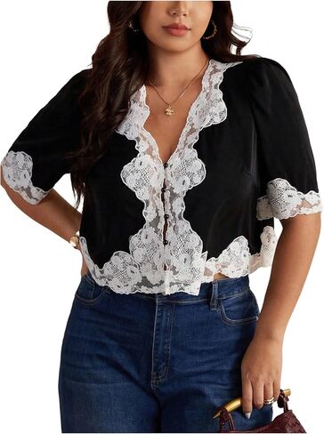 SOLY HUX Women's Plus Size Lace Blouses Deep V Neck Short Sleeve Teacher Shirts Elegant Button Crop Tops in Kuwait