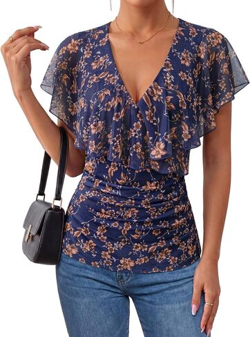 Gaharu Womens Tops Dressy Ruffle Sleeve Wrap Blouses Summer Slimming Ruched Business Work Shirts in Saudi Arabia