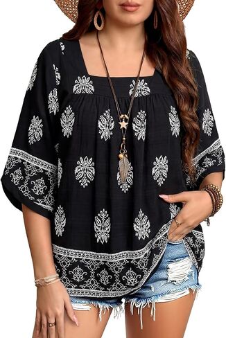 Siddhe Plus Size Boho Tops 3/4 Sleeve Square Neck Chiffon Babydoll Blouses Spring Dressy Casual 2026 Tunic Shirts (XL-5XL) in Saudi Arabia