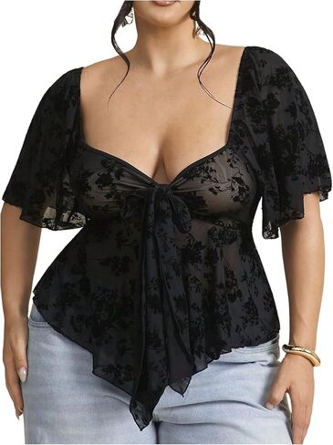 SOLY HUX Women's Plus Size Floral Mesh Peplum Blouse Short Sleeve Tie Front Babydoll Tops in Kuwait