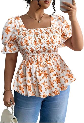 SOLY HUX Women's Plus Size Floral Smocked Peplum Tops Square Neck Puff Short Sleeve Ruffle Babydoll Boho Summer Blouse in Kuwait