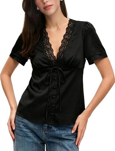 Women's Satin Top V Neck Lace Trim Top Short Sleeve Tie Front Blouse Shirt in Kuwait