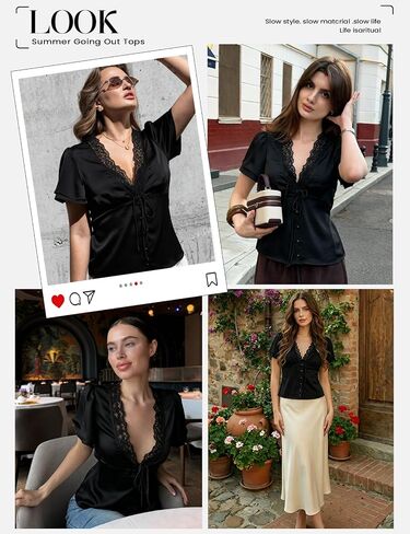 Women's Satin Top V Neck Lace Trim Top Short Sleeve Tie Front Blouse Shirt in Kuwait