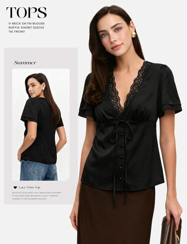 Women's Satin Top V Neck Lace Trim Top Short Sleeve Tie Front Blouse Shirt in Kuwait