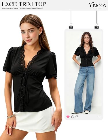 Women's Satin Top V Neck Lace Trim Top Short Sleeve Tie Front Blouse Shirt in Kuwait