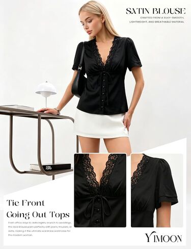 Women's Satin Top V Neck Lace Trim Top Short Sleeve Tie Front Blouse Shirt in Kuwait