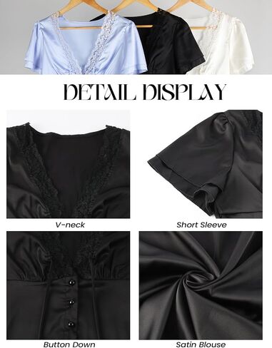 Women's Satin Top V Neck Lace Trim Top Short Sleeve Tie Front Blouse Shirt in Kuwait