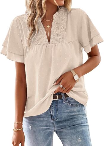 Women's V Neck Dressy Blouses Butterfly Short Sleeve Tunic Tops Trendy Boho Flowy Swiss Dot Shirts in Saudi Arabia