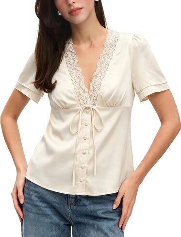 Women's Satin Top V Neck Lace Trim Top Short Sleeve Tie Front Blouse Shirt in Kuwait