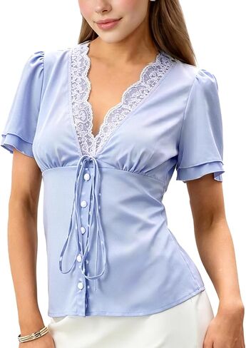 Women's Satin Top V Neck Lace Trim Top Short Sleeve Tie Front Blouse Shirt in Kuwait