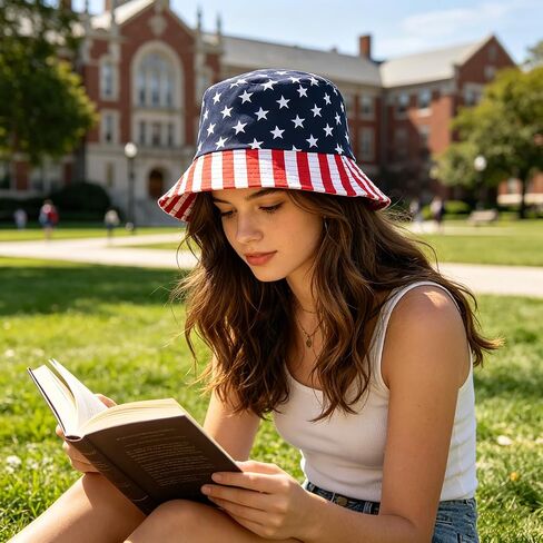 USA-Flag-Bucket-Hat للجنسين مخطط واسع حافة قبعة الشمس قبعة صياد عادية للرجال النساء السفر في الهواء الطلق الشاطئ in Kuwait