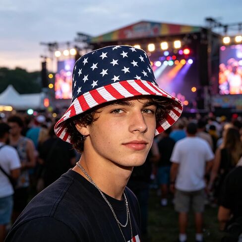 USA-Flag-Bucket-Hat للجنسين مخطط واسع حافة قبعة الشمس قبعة صياد عادية للرجال النساء السفر في الهواء الطلق الشاطئ in Kuwait