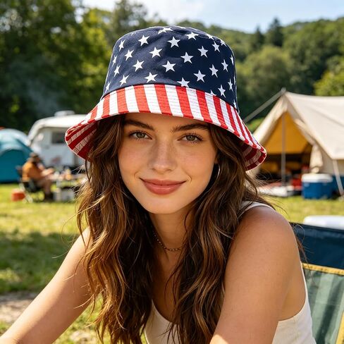 USA-Flag-Bucket-Hat للجنسين مخطط واسع حافة قبعة الشمس قبعة صياد عادية للرجال النساء السفر في الهواء الطلق الشاطئ in Kuwait