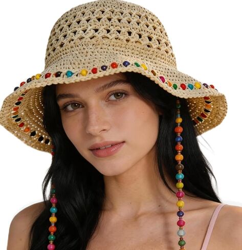 Beaded Beach Hat for Women Colourful Bead Sun Straw Hat Foldable Straw Bucket Sun Hat Outdoor Sun Hats for Vacation Travel in Saudi Arabia