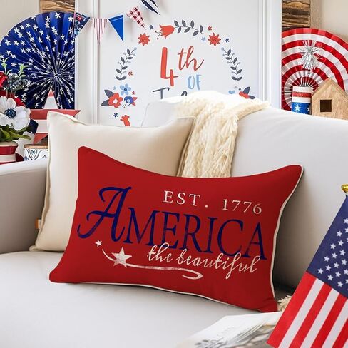 RABUSOFA 4th of July Patriotic Signs Throw Pillow Covers 12x20 Inch,Red White and Blue Memorial Day Outdoor Independence Day Fourth of July Lumbar Cushion Case Decoration for Home in Saudi Arabia