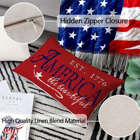RABUSOFA 4th of July Patriotic Signs Throw Pillow Covers 12x20 Inch,Red White and Blue Memorial Day Outdoor Independence Day Fourth of July Lumbar Cushion Case Decoration for Home in Saudi Arabia