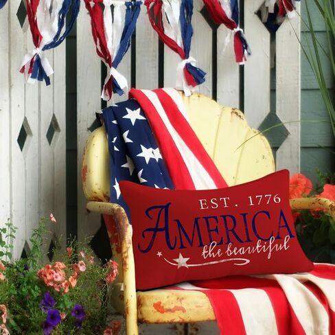 RABUSOFA 4th of July Patriotic Signs Throw Pillow Covers 12x20 Inch,Red White and Blue Memorial Day Outdoor Independence Day Fourth of July Lumbar Cushion Case Decoration for Home in Saudi Arabia