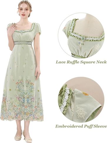 Nuoqi Regency Dresses for Women Green Victorian Ball Gown 1800s Tea Party Costume with Gloves in Kuwait