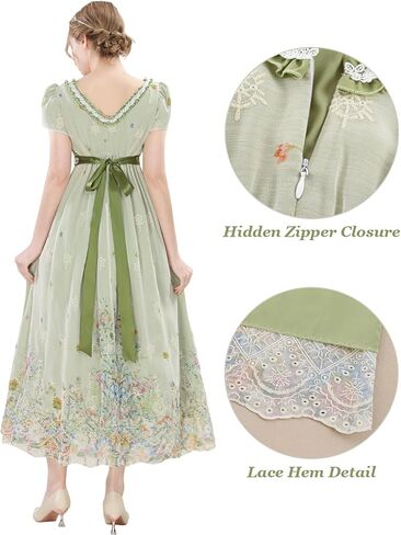 Nuoqi Regency Dresses for Women Green Victorian Ball Gown 1800s Tea Party Costume with Gloves in Kuwait