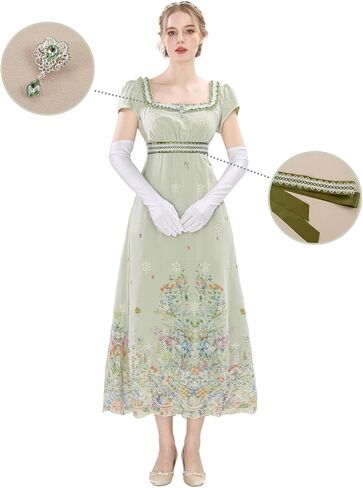 Nuoqi Regency Dresses for Women Green Victorian Ball Gown 1800s Tea Party Costume with Gloves in Kuwait