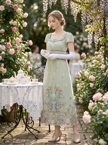 Nuoqi Regency Dresses for Women Green Victorian Ball Gown 1800s Tea Party Costume with Gloves in Kuwait