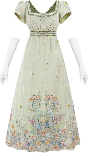 Nuoqi Regency Dresses for Women Green Victorian Ball Gown 1800s Tea Party Costume with Gloves in Kuwait