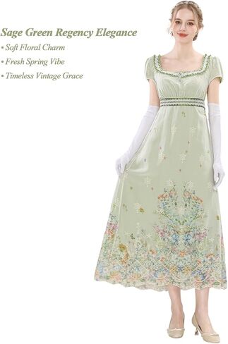 Nuoqi Regency Dresses for Women Green Victorian Ball Gown 1800s Tea Party Costume with Gloves in Kuwait