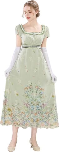 Nuoqi Regency Dresses for Women Green Victorian Ball Gown 1800s Tea Party Costume with Gloves in Kuwait