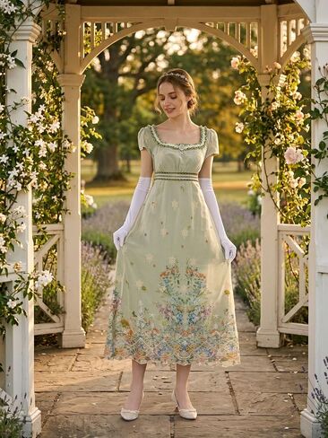 Nuoqi Regency Dresses for Women Green Victorian Ball Gown 1800s Tea Party Costume with Gloves in Kuwait