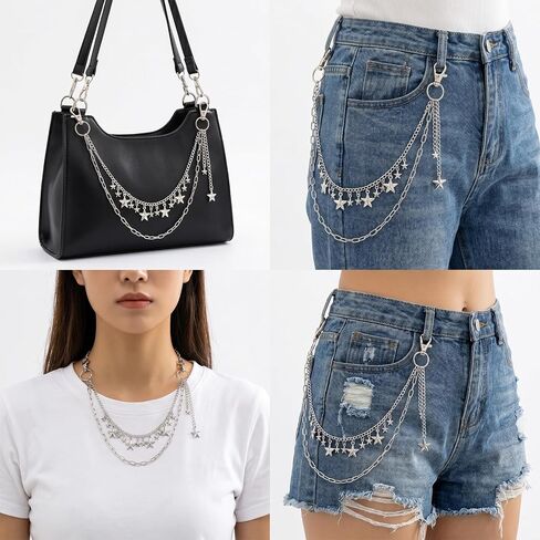 Pant Chain Star Waist Chain Silver Wallet Chain Star Jean Chain Belt Multi-layer Star Pendant Chain, For Jeans Bags Hip Hop Punk Aesthetic Decor for Party Streetwear in Saudi Arabia